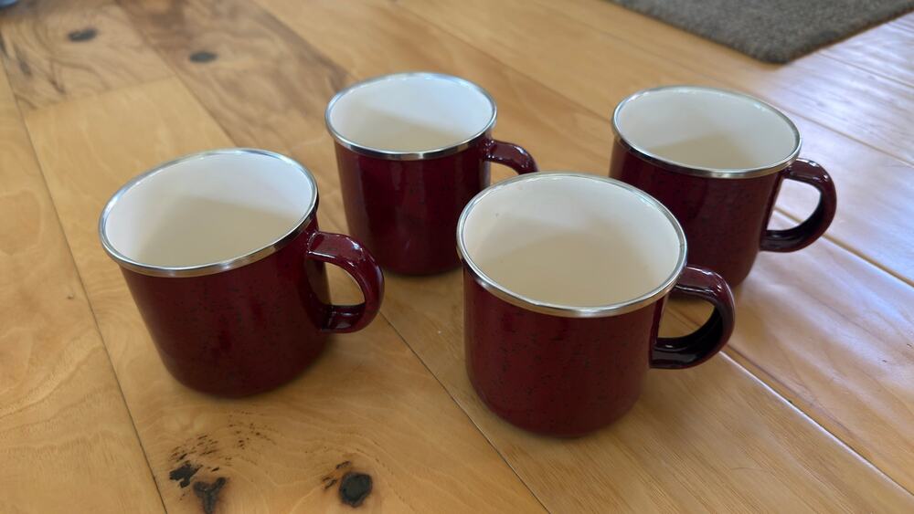 Set of 4 Paula Deen Red Speckled Enamel Campfire Mugs Chrome Rim Vintage Style